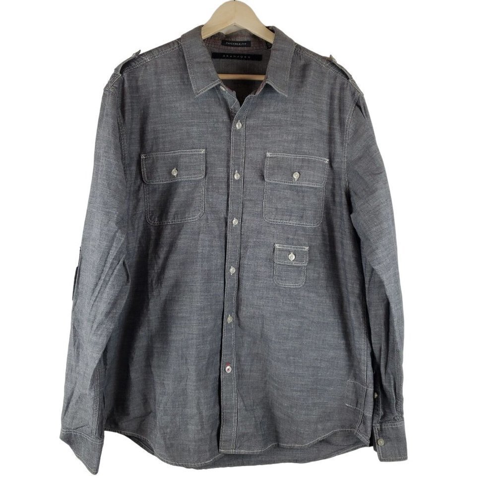 Sean John Button up Shirt XL Heathered Black Tailored fit Cotton Utility Pockets